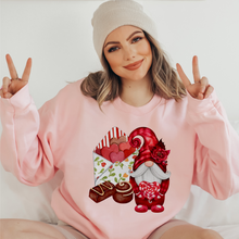 Load image into Gallery viewer, Valentine's Day Unisex-Size Winter Crewneck Sweatshirt Pullover Hand Drawn Gnome with Chocolates and Valentine Pink or White Crewneck
