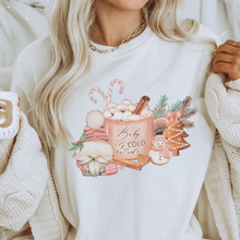 Load image into Gallery viewer, Baby It&#39;s Cold Outside Women&#39;s Christmas Hooded Sweatshirt Cute Gnome with Hot Coca White Hoodie Watercolor Hand Drawn Design
