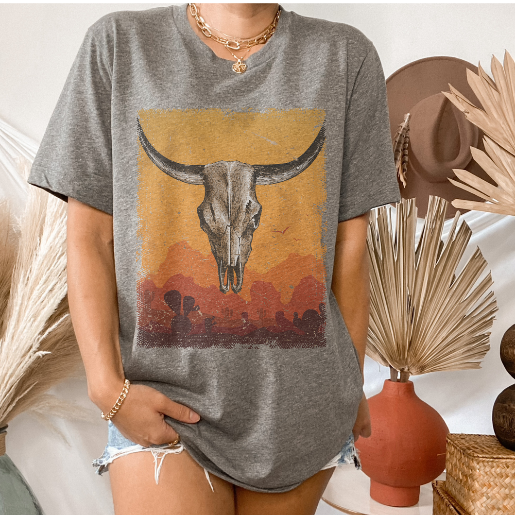 Bull Skull Desert Bella Canvas® Unisex Jersey Short Sleeve Tee in Natural, White, Dark Heather or Heather Olive Desert Bull Skull T-Shirt