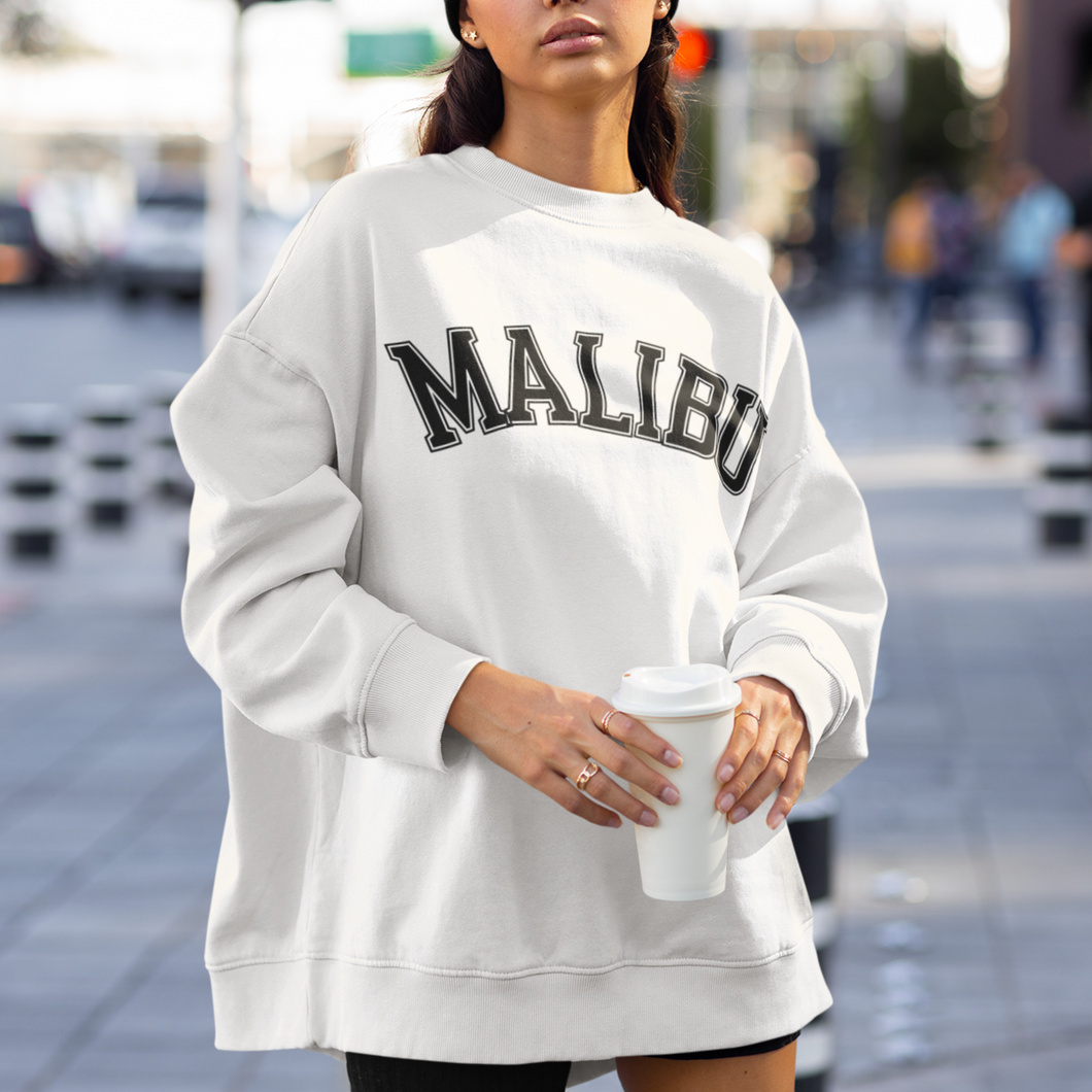 Malibu Unisex Heavy Blend™ Crewneck Sweatshirt Vintage, Retro Varsity Font Design Spring or Summer Pullover Choose Front or Back Design