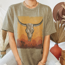 Load image into Gallery viewer, Bull Skull Desert Bella Canvas® Unisex Jersey Short Sleeve Tee in Natural, White, Dark Heather or Heather Olive Desert Bull Skull T-Shirt
