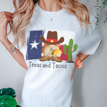 Load image into Gallery viewer, Adorable Texas and Tacos Unisex Comfort Colors® T-shirt Women&#39;s Mustard, Green, Melon or White Cute Western Cowboy Gnome with a Taco
