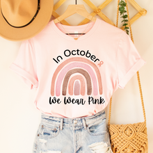 Load image into Gallery viewer, Women's In October We Wear Pink T-Shirt Breast Cancer Awareness Fall Cancer Tee White, Light Pink or Heather Peach T-Shirts
