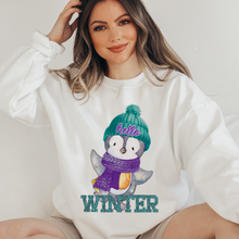 Load image into Gallery viewer, Hello Winter Penguin Crewneck Sweatshirt Women&#39;s Soft, Cozy Pullover in Ash or White Cute Watercolor Penguin in a Beanie Design
