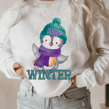 Load image into Gallery viewer, Hello Winter Penguin Crewneck Sweatshirt Women&#39;s Soft, Cozy Pullover in Ash or White Cute Watercolor Penguin in a Beanie Design
