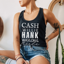 Load image into Gallery viewer, Trendy Summer Cash Willie Hank Merle Women's Racerback Tank Country Artists Design on a Racerback White or Black Tank
