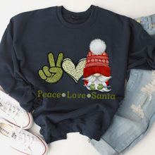 Load image into Gallery viewer, Peace Love Santa Gnome Christmas Crewneck Sweatshirt Cute Warm and Cozy Gildan® Pullover Watercolor Retro Peace Sign and Heart
