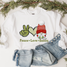 Load image into Gallery viewer, Peace Love Santa Gnome Christmas Crewneck Sweatshirt Cute Warm and Cozy Gildan® Pullover Watercolor Retro Peace Sign and Heart
