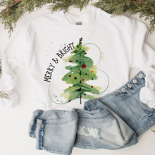 Load image into Gallery viewer, Merry and Bright Women&#39;s Watercolor Christmas Tree Crewneck Sweatshirt in Ash or White Christmas Pullover
