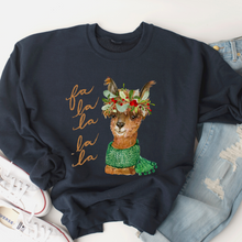 Load image into Gallery viewer, Fa La La La Llama Christmas Crewneck Sweatshirt Women&#39;s Watercolor Llama in a Cute Green Winter Scarf Christmas Gift Sweatshirt
