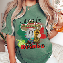 Load image into Gallery viewer, Cinco de Mayo Unisex Comfort Colors® T-shirt, Women&#39;s Green or Crimson Cinco de Drinko Fun Drinking shirt, Gnome wit Drinking Bottle Tee
