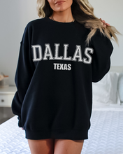 Load image into Gallery viewer, Retro Inspired Dallas Texas Crewneck Sweatshirt, Distressed Design, Dallas Texas Pullover, Trendy Varsity Distressed Letters Pullover
