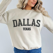 Load image into Gallery viewer, Retro Inspired Dallas Texas Crewneck Sweatshirt, Distressed Design, Dallas Texas Pullover, Trendy Varsity Distressed Letters Pullover
