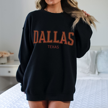 Load image into Gallery viewer, Retro Inspired Dallas Texas Crewneck Sweatshirt, Distressed Design, Dallas Texas Pullover, Trendy Varsity Distressed Letters Pullover
