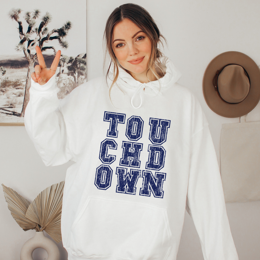 Touchdown Unisex Women's or Men's White Hooded Distressed Football Design Sweatshirt or Hoodie