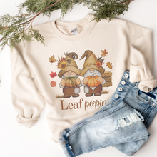 Load image into Gallery viewer, Fall Leaf Peepin&#39; Gnomes Crewneck Sweatshirt Cute Warm and Cozy Gildan® Pullover Gnomes Autumn or Winter Shirt
