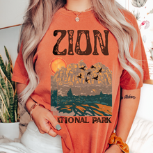 Load image into Gallery viewer, Zion National Park Comfort Colors® Unisex Garment-Dyed T-shirt Trendy Outdoors Hiking Camping in Yam, Mustard, Pepper, White or Black
