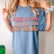 Load image into Gallery viewer, Summer Sun, Sand, Drink In My Hand Comfort Colors® Unisex Garment-Dyed T-shirt in Six Pretty Spring or Summer Colors Beach Trip T-Shirt
