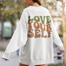 Load image into Gallery viewer, Women&#39;s Trendy Love Yourself Retro Design Unisex-Size Crewneck Sweatshirt Gift for Her White Pullover Front or Back Design
