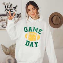 Load image into Gallery viewer, Game Day Unisex Women&#39;s or Men&#39;s White or Grey Hooded Distressed Green and Yellow Football Design Sweatshirt or Hoodie
