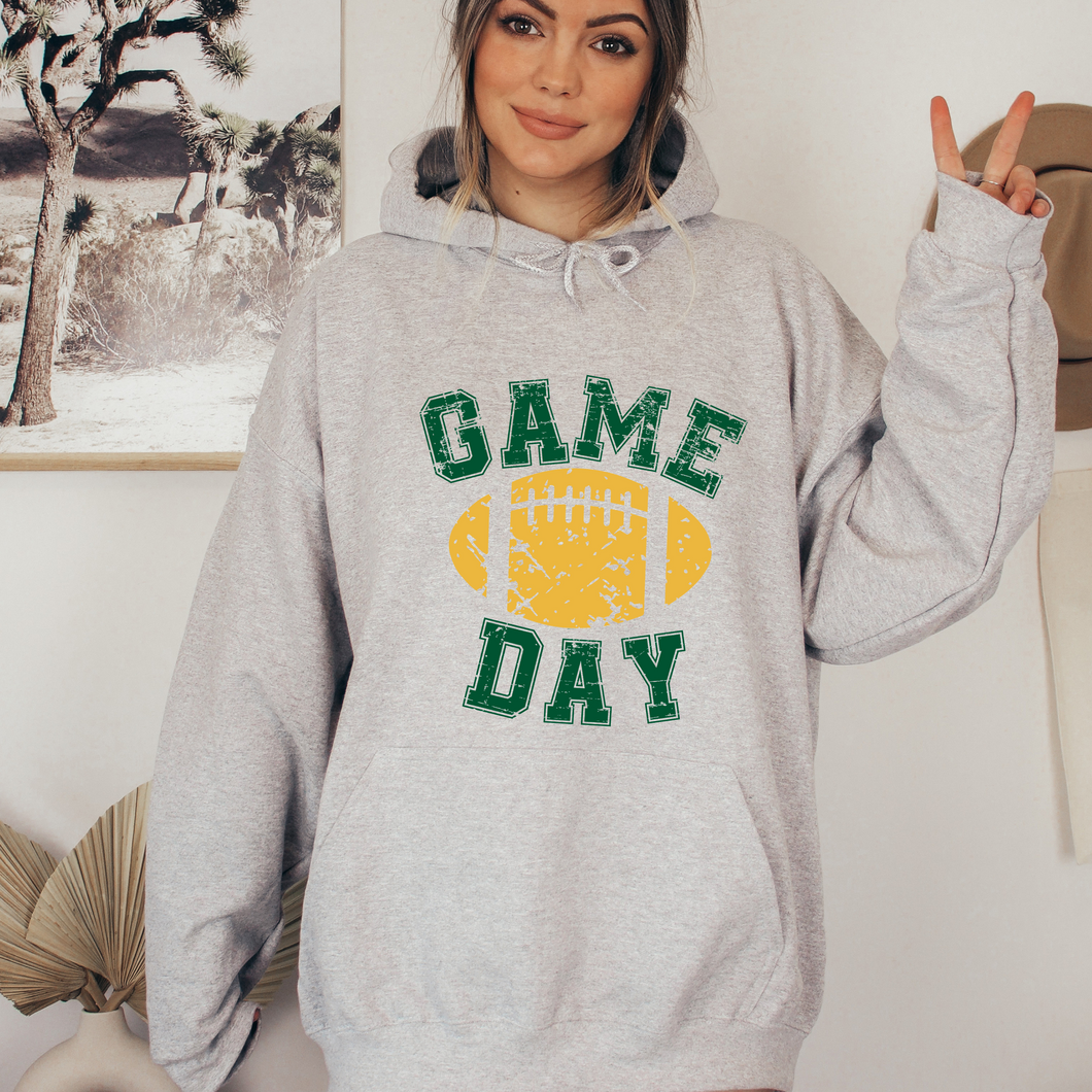 Game Day Unisex Women's or Men's White or Grey Hooded Distressed Green and Yellow Football Design Sweatshirt or Hoodie