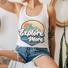 Load image into Gallery viewer, Trendy Explore More Women's Racerback Tank or T-Shirt Design on a Racerback White or Black Tank Tee with a Retro Design
