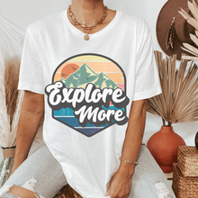 Load image into Gallery viewer, Trendy Explore More Women's Racerback Tank or T-Shirt Design on a Racerback White or Black Tank Tee with a Retro Design
