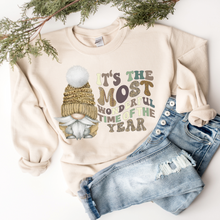 Load image into Gallery viewer, Christmas Crewneck Sweatshirt Retro Pullover Ash, Sand, or White Cozy Soft Gildan Sweatshirt Cute Gnome in Sweater Cap
