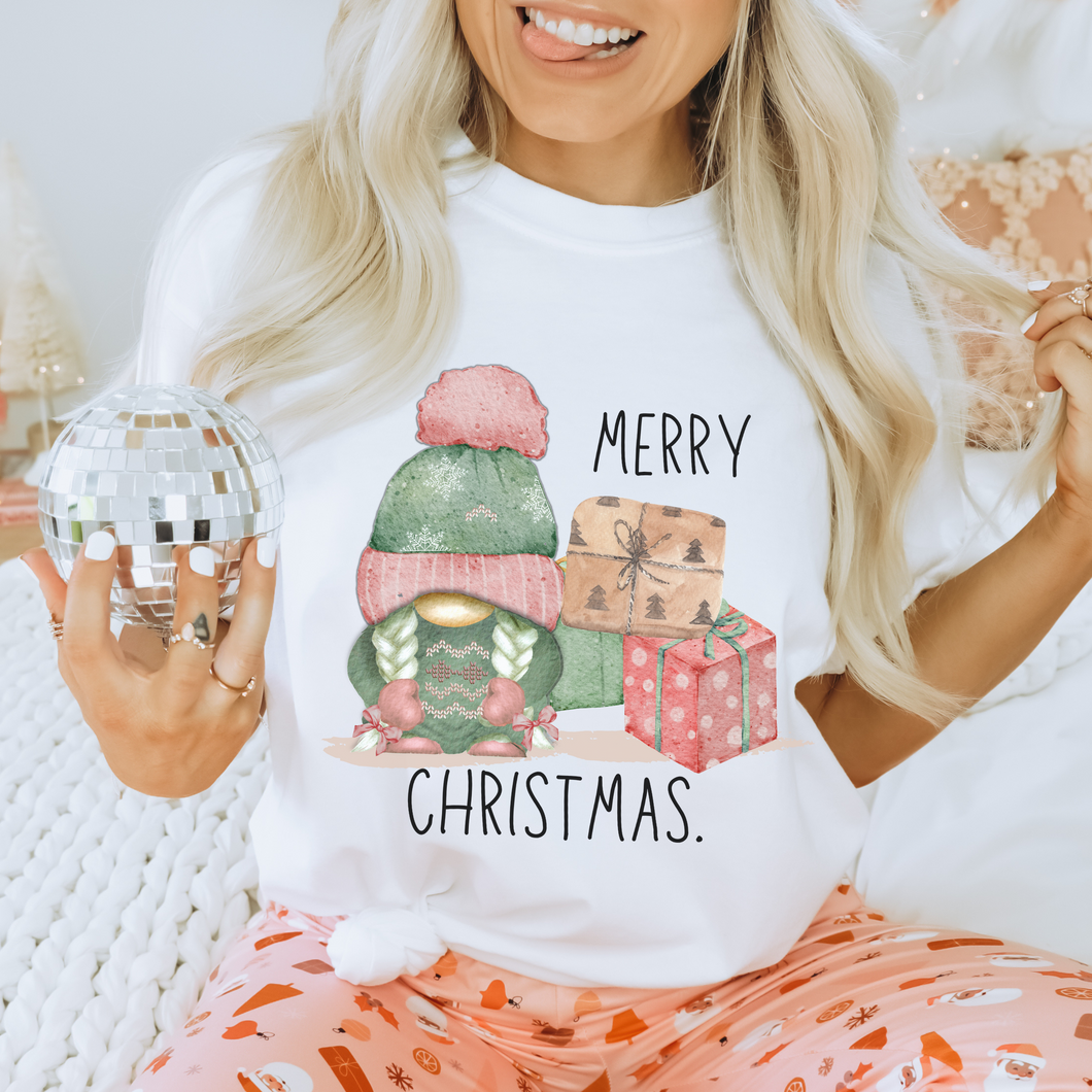 Merry Christmas Pastel Gnome Unisex Size Crewneck Sweatshirt, Hoodie or T-Shirt Hand Drawn Pink and Mint Pastel Gnome Christmas Design Gift