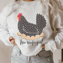 Load image into Gallery viewer, Free Range Girl Crewneck, Hen Unisex Heavy Blend™ Sweatshirt, Trendy Chicken or Hen Pullover in Ash, Sand or White Great for A Gift for Her
