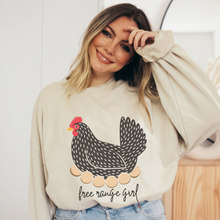 Load image into Gallery viewer, Free Range Girl Crewneck, Hen Unisex Heavy Blend™ Sweatshirt, Trendy Chicken or Hen Pullover in Ash, Sand or White Great for A Gift for Her
