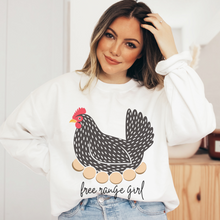 Load image into Gallery viewer, Free Range Girl Crewneck, Hen Unisex Heavy Blend™ Sweatshirt, Trendy Chicken or Hen Pullover in Ash, Sand or White Great for A Gift for Her
