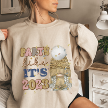 Load image into Gallery viewer, New Year&#39;s Party Like It&#39;s 2023 Women&#39;s Cute Gnome and Confetti Crewneck Sweatshirt in Ash, White or Sand Cozy New Year&#39;s Pullover
