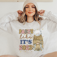 Load image into Gallery viewer, New Year&#39;s Party Like It&#39;s 2023 Women&#39;s Cute Gnome and Confetti Crewneck Sweatshirt in Ash, White or Sand Cozy New Year&#39;s Pullover
