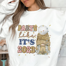 Load image into Gallery viewer, New Year&#39;s Party Like It&#39;s 2023 Women&#39;s Cute Gnome and Confetti Crewneck Sweatshirt in Ash, White or Sand Cozy New Year&#39;s Pullover
