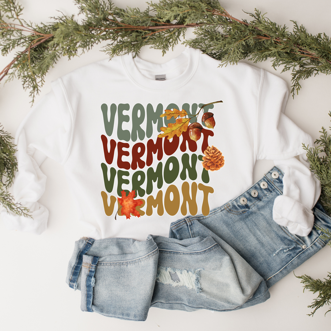 Fall Colorful Vermont Crewneck Sweatshirt or T-shirt Warm and Cozy Retro Fall Colors Gildan® Pullover in Ash, Sand or White