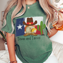 Load image into Gallery viewer, Adorable Texas and Tacos Unisex Comfort Colors® T-shirt Women&#39;s Mustard, Green, Melon or White Cute Western Cowboy Gnome with a Taco
