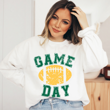 Load image into Gallery viewer, Game Day Unisex Women&#39;s or Men&#39;s White or Grey Hooded Distressed Green and Yellow Football Design Sweatshirt or Hoodie
