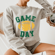 Load image into Gallery viewer, Game Day Unisex Women&#39;s or Men&#39;s White or Grey Hooded Distressed Green and Yellow Football Design Sweatshirt or Hoodie
