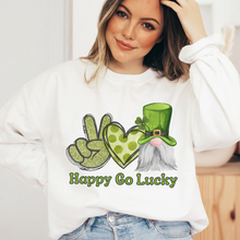 Load image into Gallery viewer, Happy Go Lucky Cute Gnome St. Patrick&#39;s Day Peace Love Women&#39;s Crewneck Sweatshirt or T-Shirt or Spring Pullover St. Patrick&#39;s Gift
