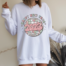 Load image into Gallery viewer, Women&#39;s Cute Happy New Year Retro Ball Cozy Crewneck Sweatshirt in Ash or White Christmas or New Year&#39;s Gift for Her Soft Pullover

