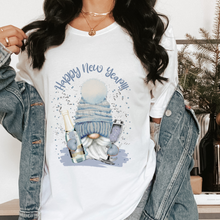 Load image into Gallery viewer, Women's New Year's Gnome Crewneck Sweatshirt or T-Shirt Cute Blue Gnome Happy New Year Design in a Cozy, Warm Winter Shirt
