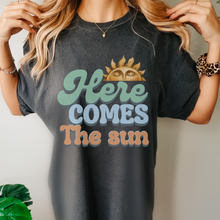 Load image into Gallery viewer, Here Comes the Sun Unisex Garment-Dyed T-shirt Comfort Colors® Tee Retro Sun Design Summer or Spring Pretty Colors T-Shirt
