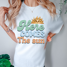 Load image into Gallery viewer, Here Comes the Sun Unisex Garment-Dyed T-shirt Comfort Colors® Tee Retro Sun Design Summer or Spring Pretty Colors T-Shirt
