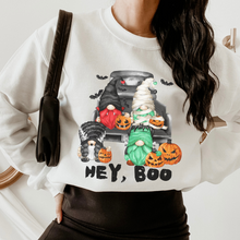 Load image into Gallery viewer, Halloween Gnomes Sweatshirt Fall Gnomes in Truck Crewneck Women&#39;s Pullover Gnomes in Costumes, White Grey or Ash Gildan Sweatshirt
