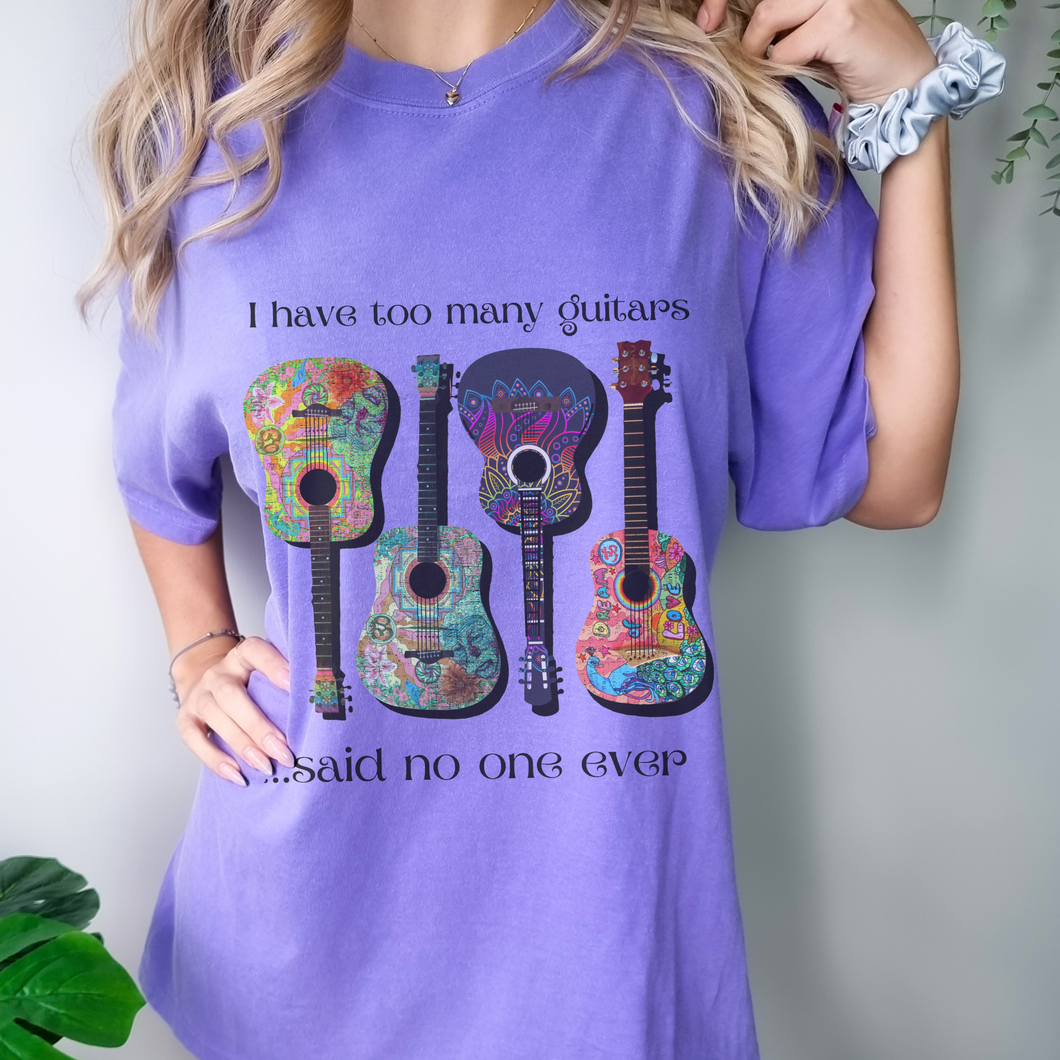 I have Too Many Guitars Comfort Colors® Unisex T-shirt, White, Violet, Terracotta or Melon with Bright Guitars Pretty Spring Colors T-Shirt