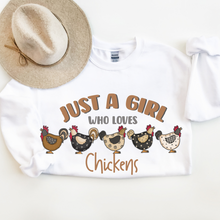 Load image into Gallery viewer, Just A Girl Who Loves Chickens Crewneck or T-Shirt, Hens Unisex Sweatshirt or Tee, Trendy Colorful Chickens Shirt, Great Gift for Chicken Lovers
