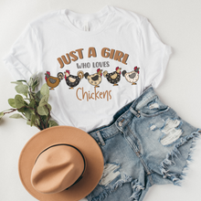 Load image into Gallery viewer, Just A Girl Who Loves Chickens Crewneck or T-Shirt, Hens Unisex Sweatshirt or Tee, Trendy Colorful Chickens Shirt, Great Gift for Chicken Lovers
