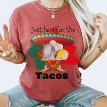 Load image into Gallery viewer, Just Here for the Tacos Cinco de Mayo Unisex Comfort Colors® T-shirt, Women&#39;s Cute Western Gnome with a Taco Tee in white, green or crimson
