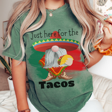 Load image into Gallery viewer, Just Here for the Tacos Cinco de Mayo Unisex Comfort Colors® T-shirt, Women&#39;s Cute Western Gnome with a Taco Tee in white, green or crimson
